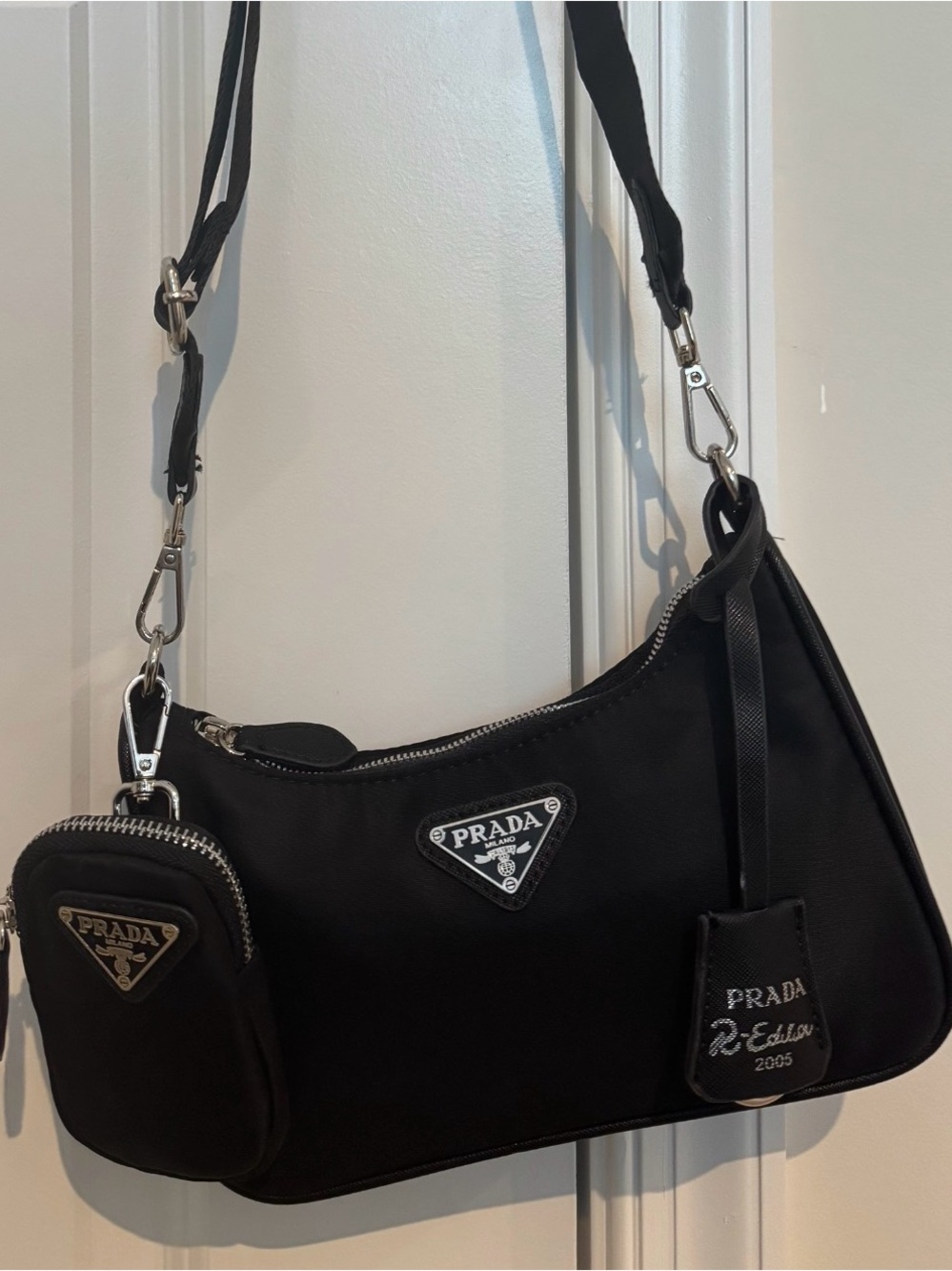 Black Nylon Messenger Bag with Coin Pouch and Silver Hardware